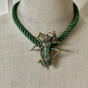 Heidi Daus "Madame Grasshopper" Crystal Green Enamel Brooch + Green Rope Cord Ne